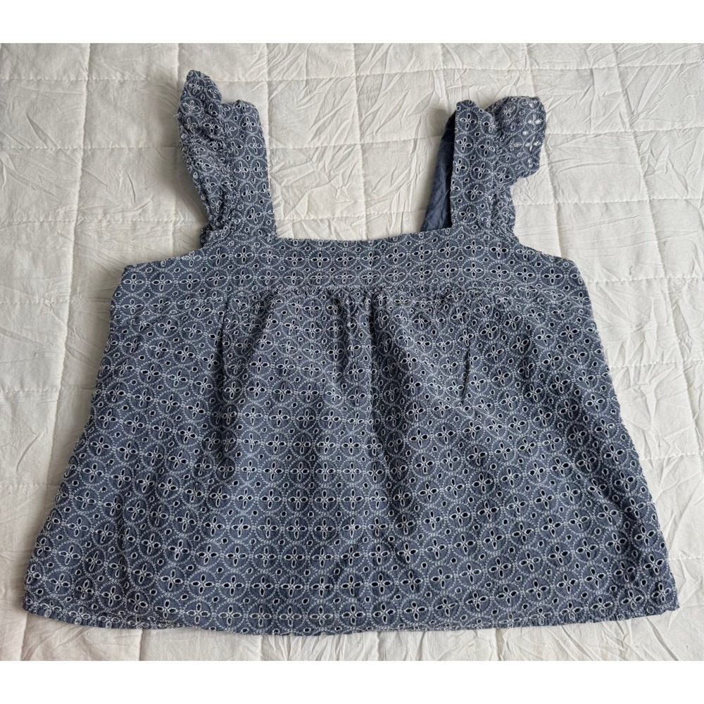 Cottagecore Gap Blue Eyelet Flutter Sleeve Cotton Blouse Medium Boho Top - Picture 2 of 9